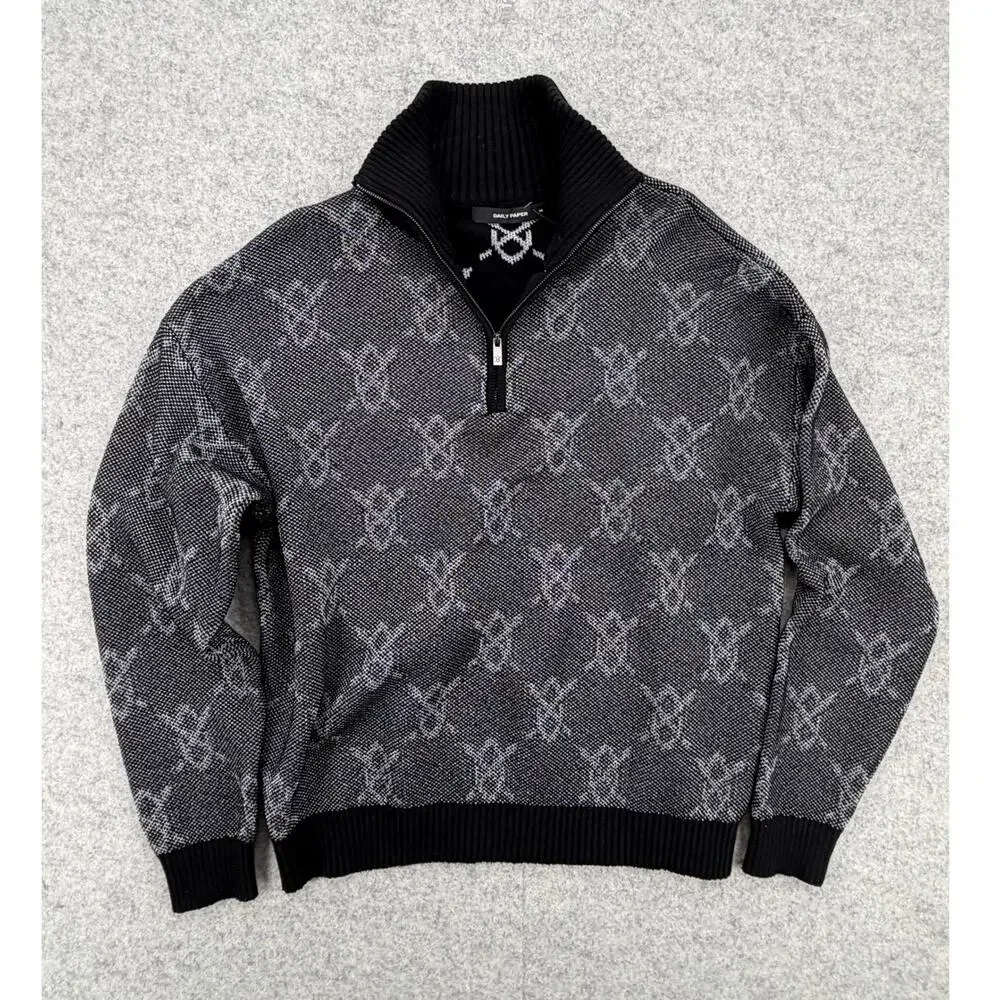 NWT Daily Paper Tems Black Knit Monogram Quarter-Zip Sweater Size MEDIUM